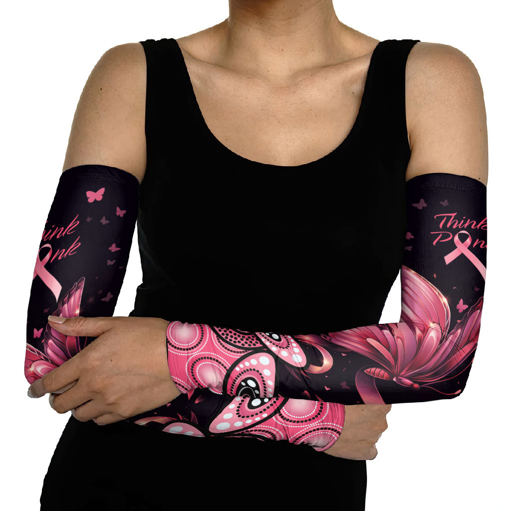Think Pink Butterfly Ribbon Aboriginal Art Arm Sleeves