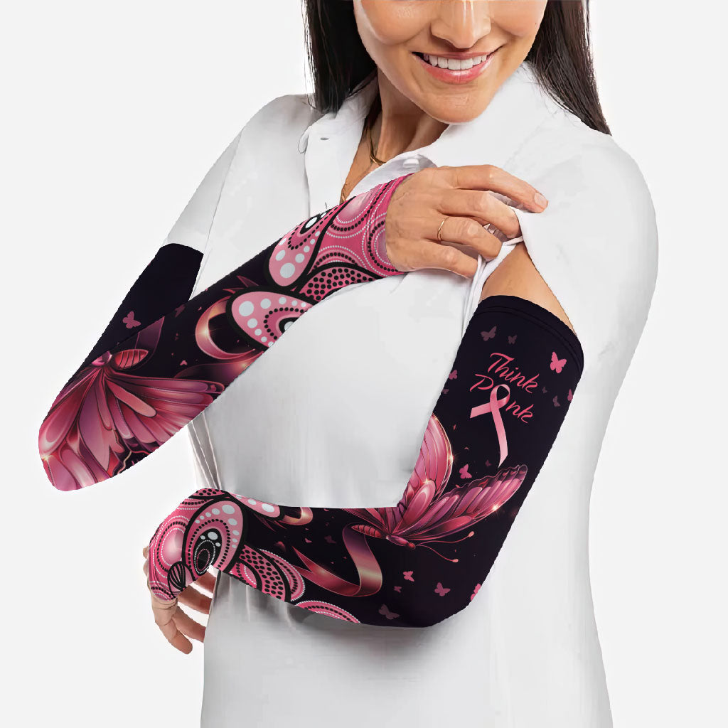 Think Pink Butterfly Ribbon Aboriginal Art Arm Sleeves
