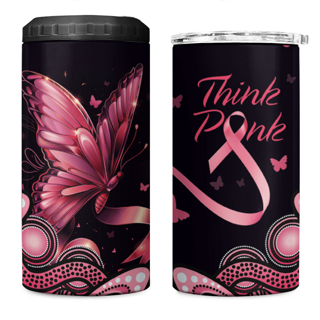 Think Pink Butterfly Ribbon Aboriginal Art 4 in 1 Can Cooler Tumbler
