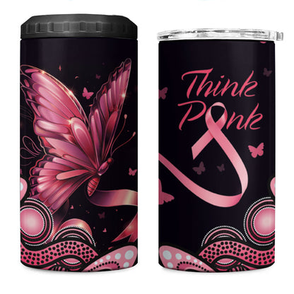 Think Pink Butterfly Ribbon Aboriginal Art 4 in 1 Can Cooler Tumbler