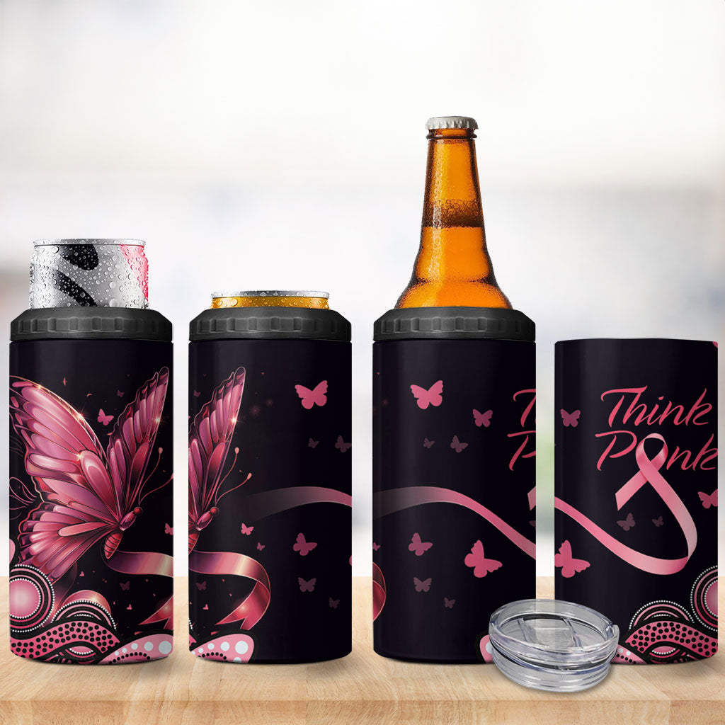 Think Pink Butterfly Ribbon Aboriginal Art 4 in 1 Can Cooler Tumbler
