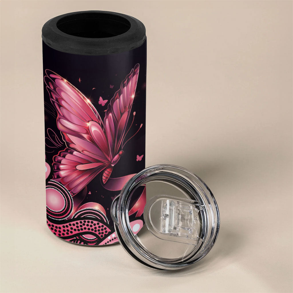 Think Pink Butterfly Ribbon Aboriginal Art 4 in 1 Can Cooler Tumbler