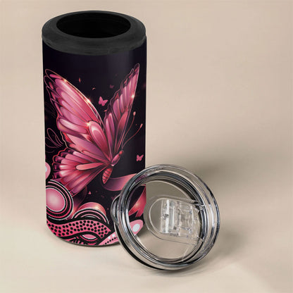 Think Pink Butterfly Ribbon Aboriginal Art 4 in 1 Can Cooler Tumbler