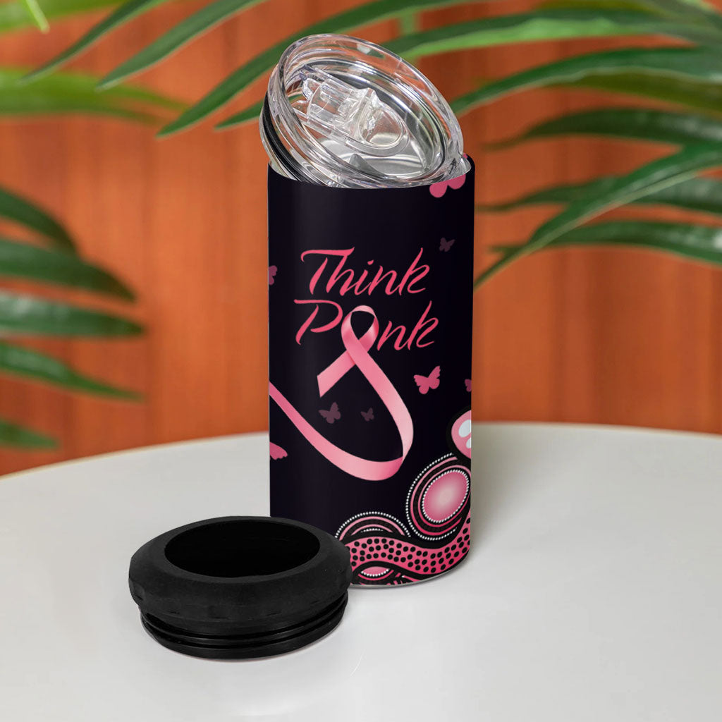 Think Pink Butterfly Ribbon Aboriginal Art 4 in 1 Can Cooler Tumbler