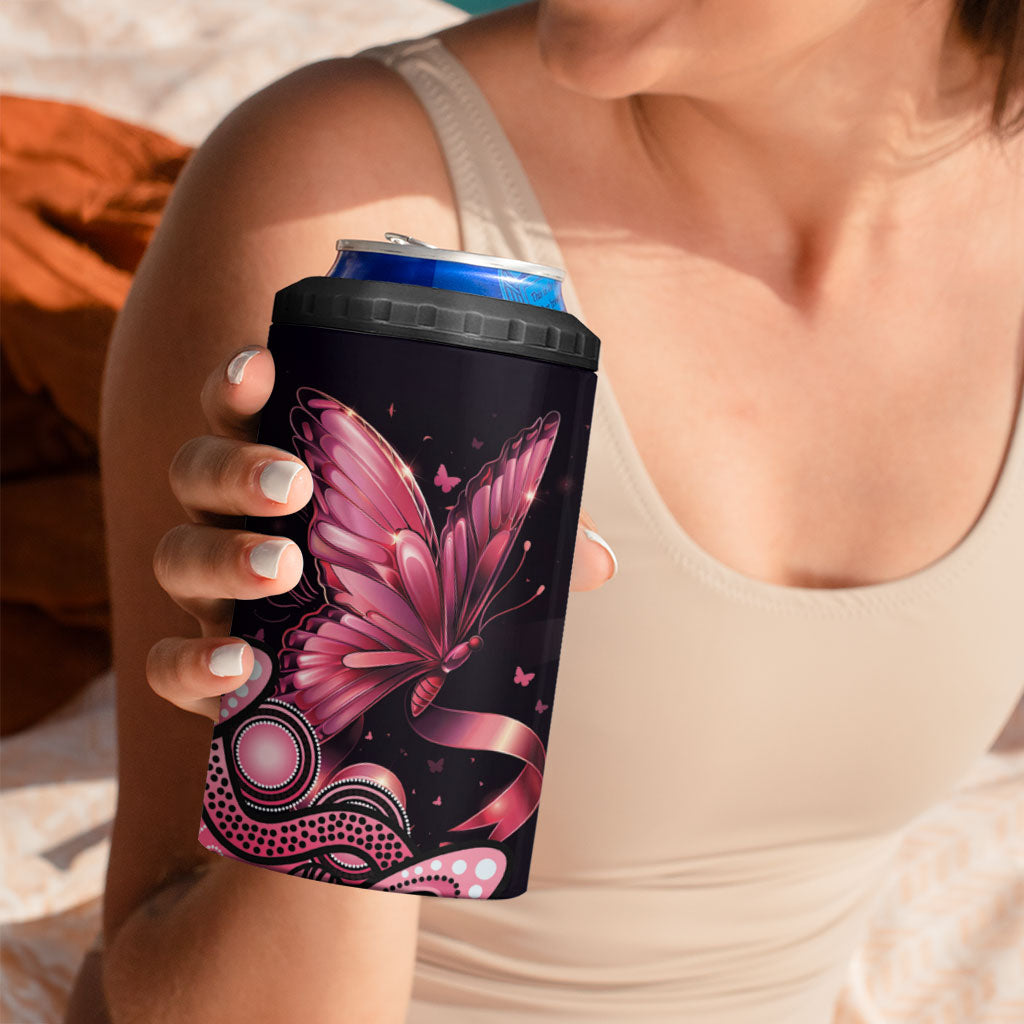 Think Pink Butterfly Ribbon Aboriginal Art 4 in 1 Can Cooler Tumbler