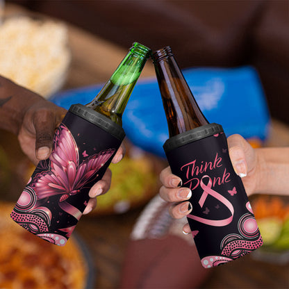 Think Pink Butterfly Ribbon Aboriginal Art 4 in 1 Can Cooler Tumbler