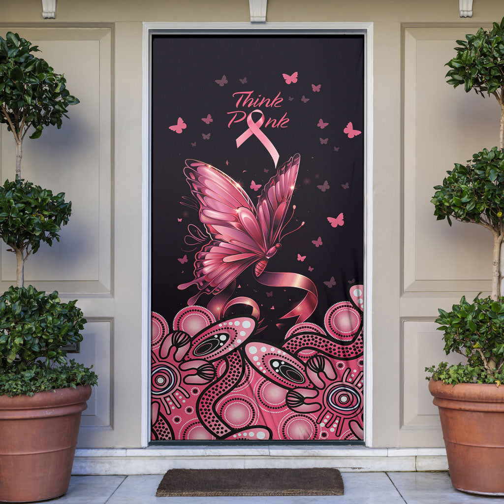 Think Pink Butterfly Ribbon Aboriginal Art Door Cover