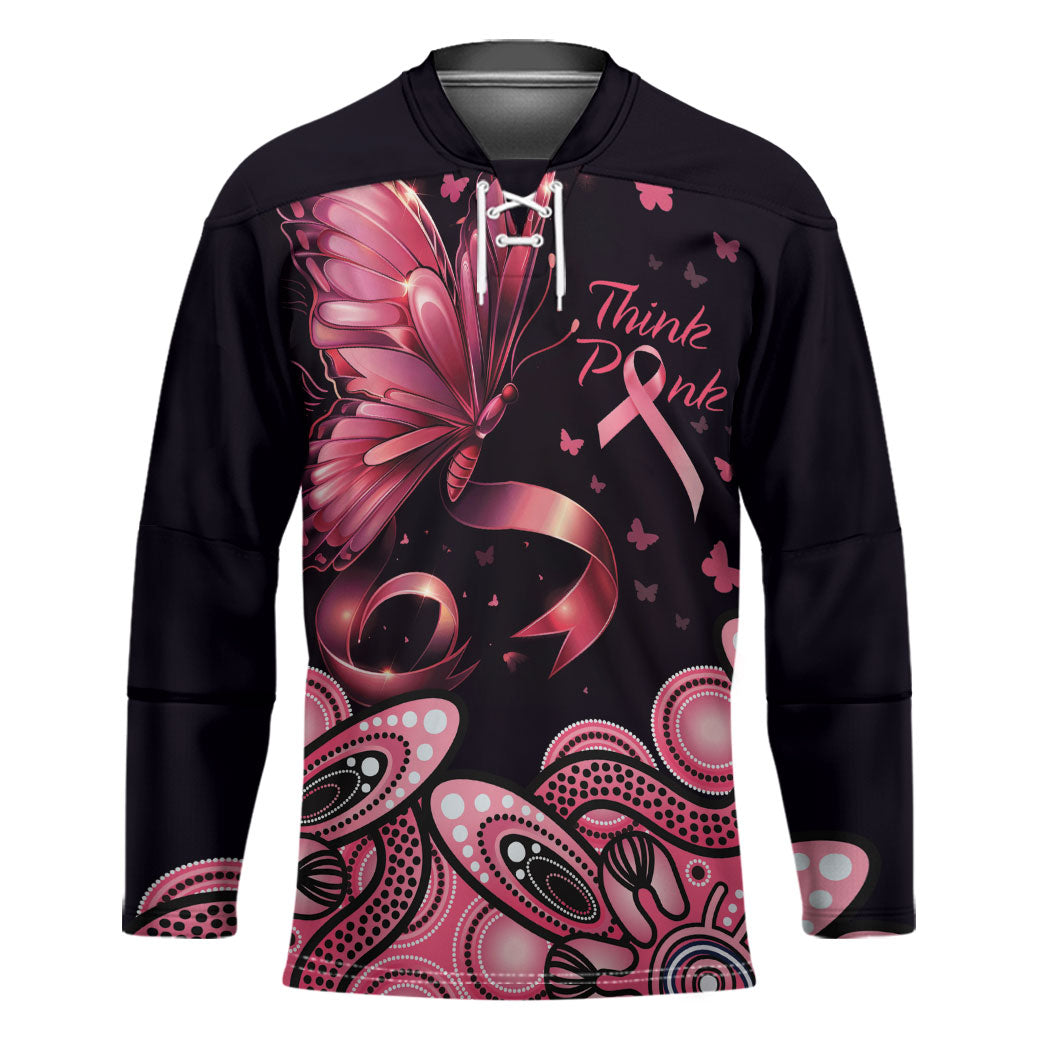 Think Pink Butterfly Ribbon Aboriginal Art Hockey Jersey