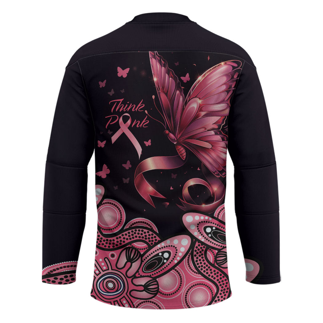 Think Pink Butterfly Ribbon Aboriginal Art Hockey Jersey