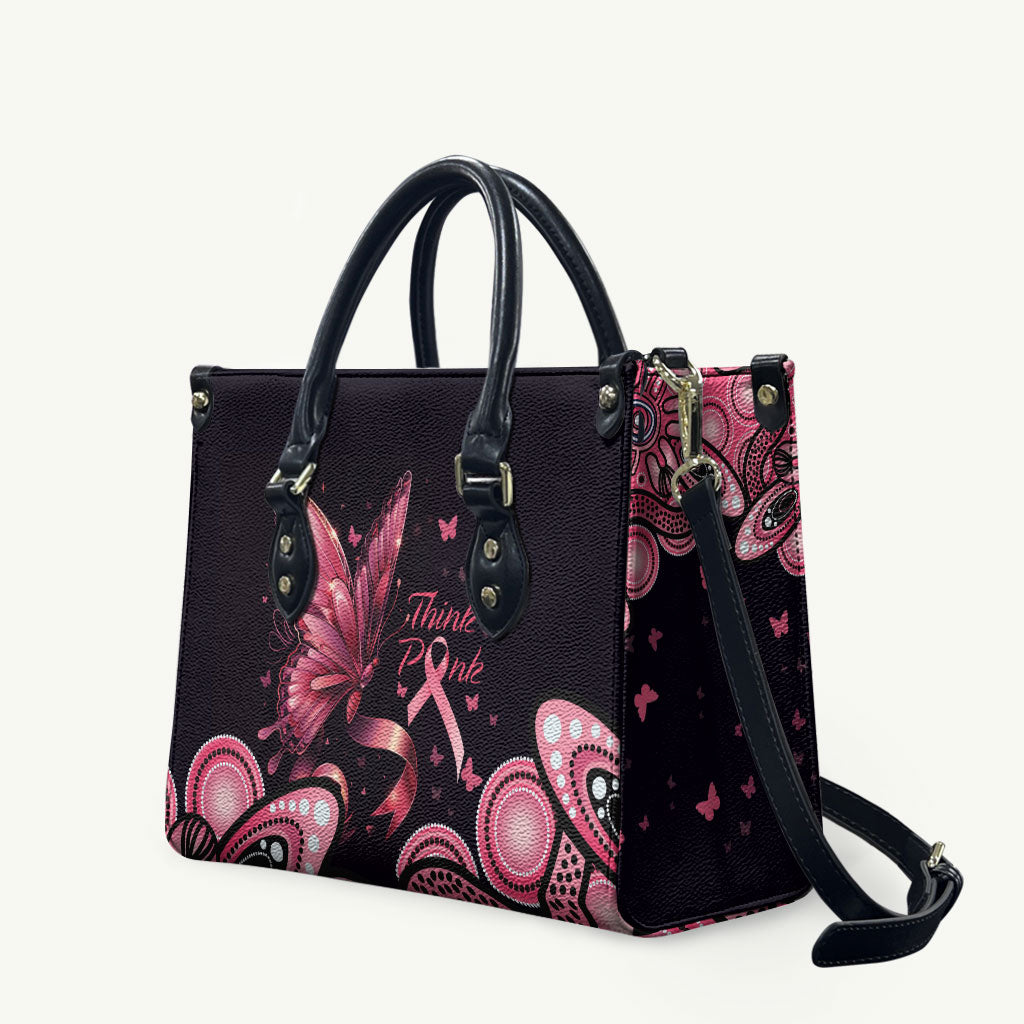 Think Pink Butterfly Ribbon Aboriginal Art Leather Bag
