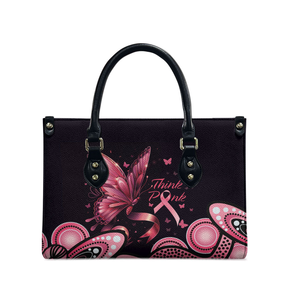 Think Pink Butterfly Ribbon Aboriginal Art Leather Bag