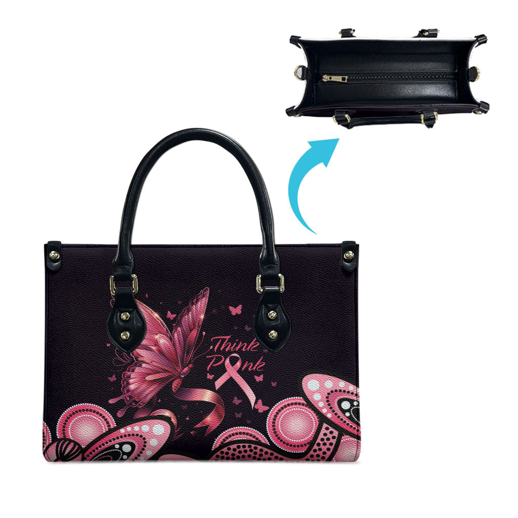 Think Pink Butterfly Ribbon Aboriginal Art Leather Bag