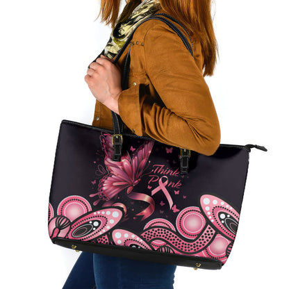 Think Pink Butterfly Ribbon Aboriginal Art Leather Tote Bag