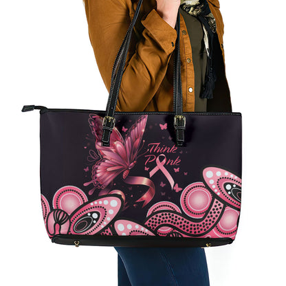Think Pink Butterfly Ribbon Aboriginal Art Leather Tote Bag