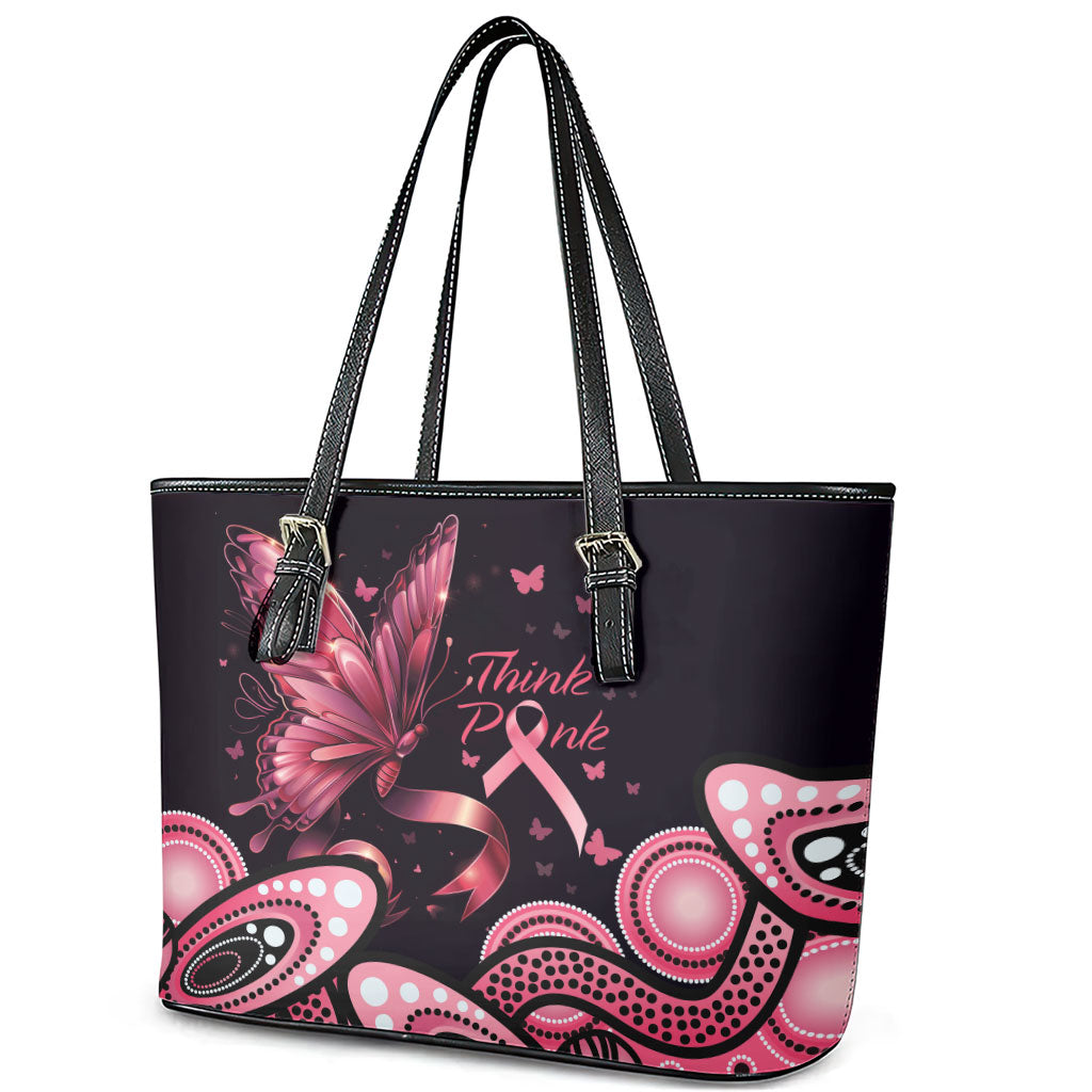 Think Pink Butterfly Ribbon Aboriginal Art Leather Tote Bag