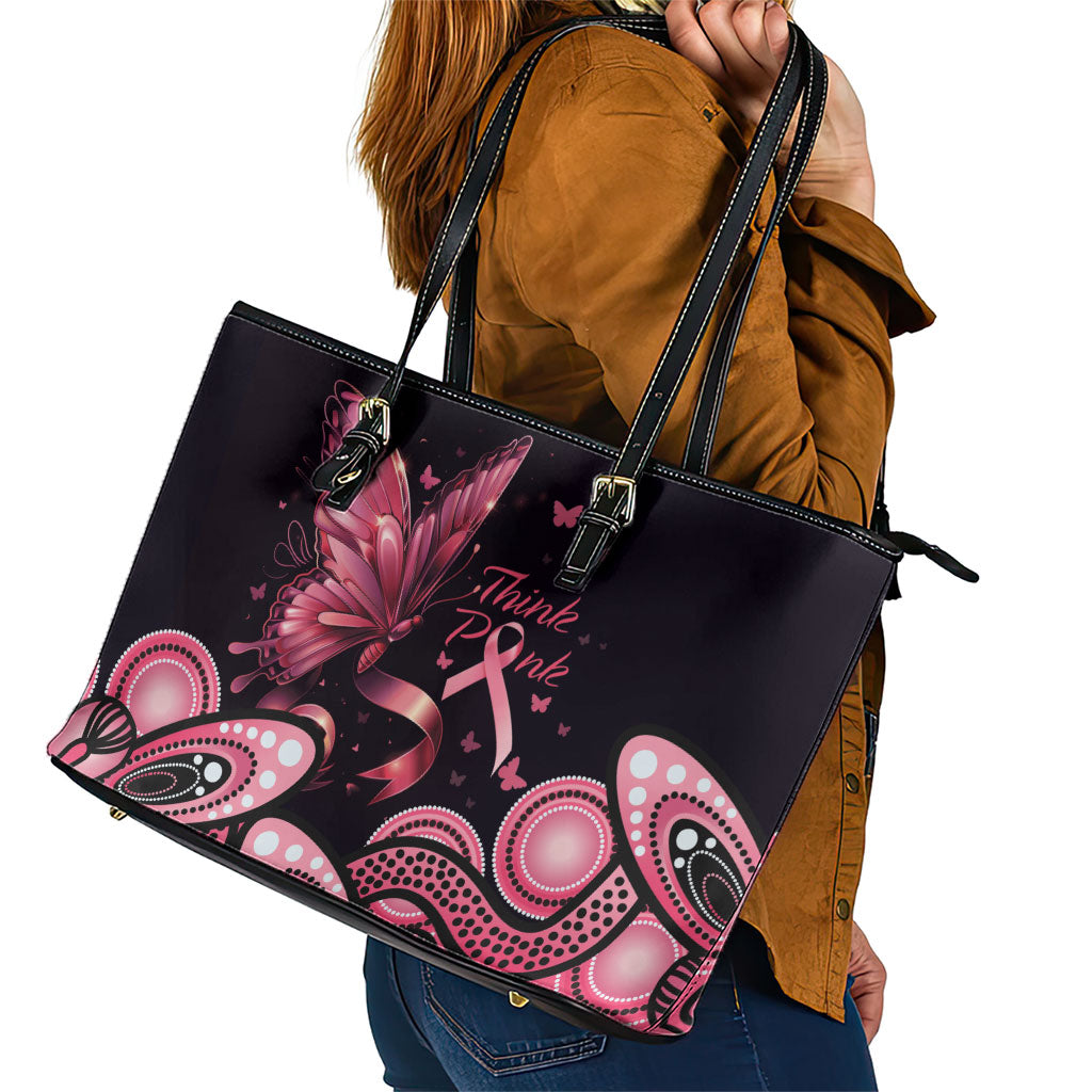 Think Pink Butterfly Ribbon Aboriginal Art Leather Tote Bag
