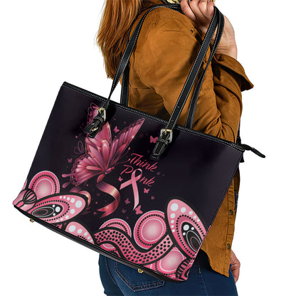 Think Pink Butterfly Ribbon Aboriginal Art Leather Tote Bag