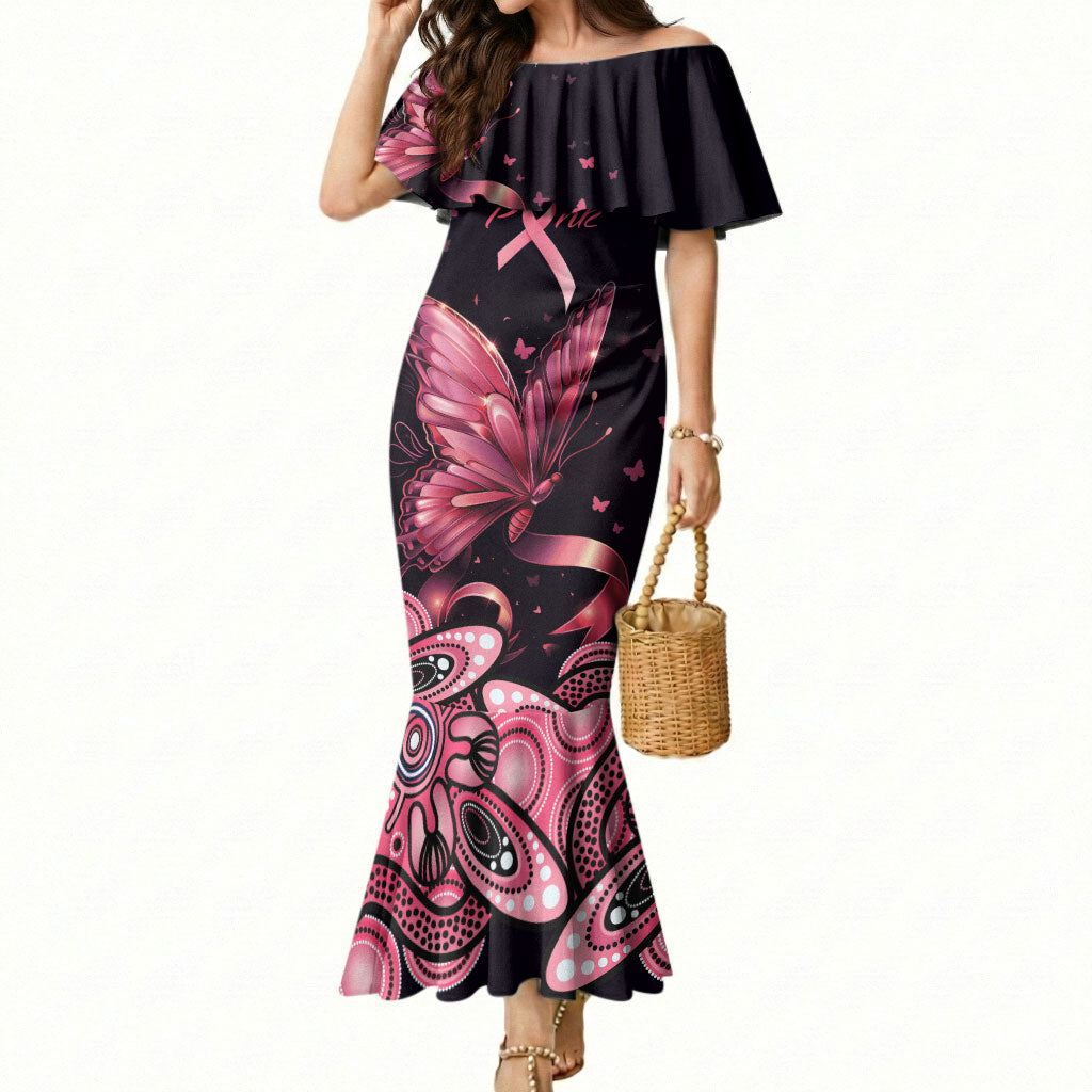 Think Pink Butterfly Ribbon Aboriginal Art Mermaid Dress