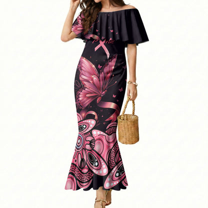 Think Pink Butterfly Ribbon Aboriginal Art Mermaid Dress