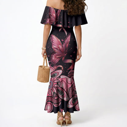 Think Pink Butterfly Ribbon Aboriginal Art Mermaid Dress