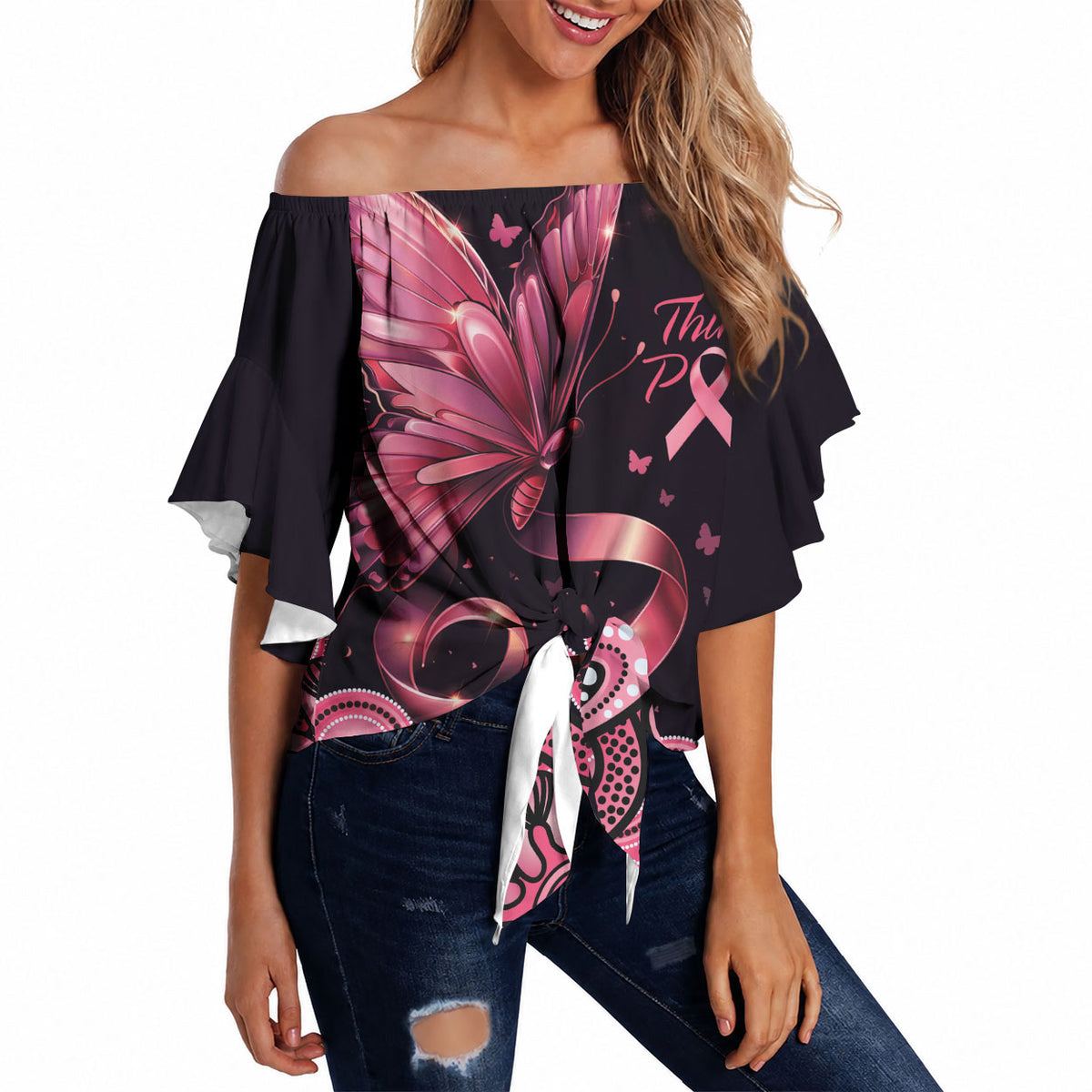 Think Pink Butterfly Ribbon Aboriginal Art Off Shoulder Wrap Waist Top