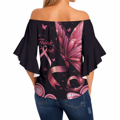 Think Pink Butterfly Ribbon Aboriginal Art Off Shoulder Wrap Waist Top