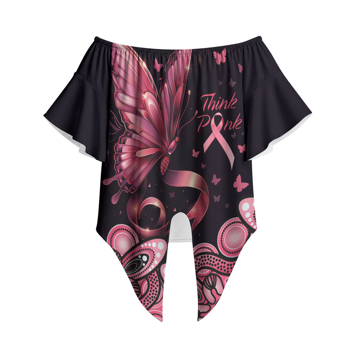 Think Pink Butterfly Ribbon Aboriginal Art Off Shoulder Wrap Waist Top