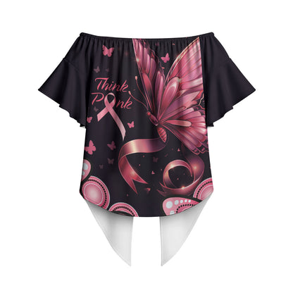 Think Pink Butterfly Ribbon Aboriginal Art Off Shoulder Wrap Waist Top