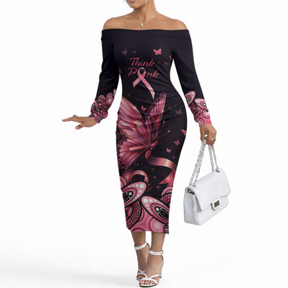Think Pink Butterfly Ribbon Aboriginal Art Off The Shoulder Long Sleeve Dress