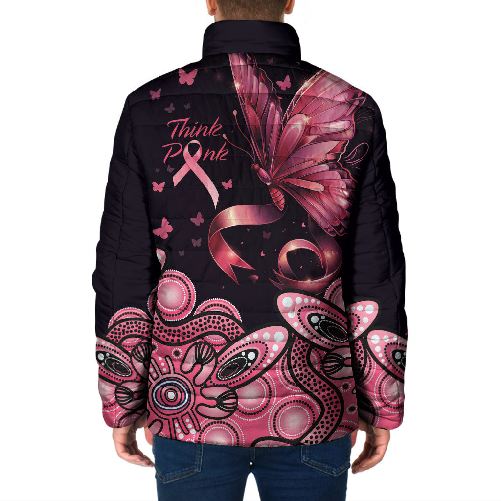 Think Pink Butterfly Ribbon Aboriginal Art Padded Jacket