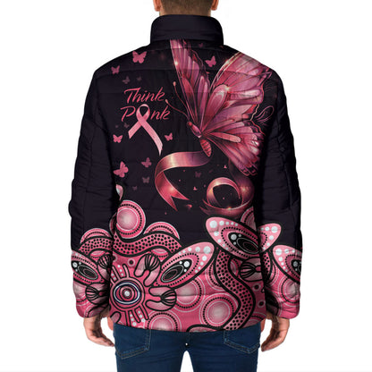 Think Pink Butterfly Ribbon Aboriginal Art Padded Jacket