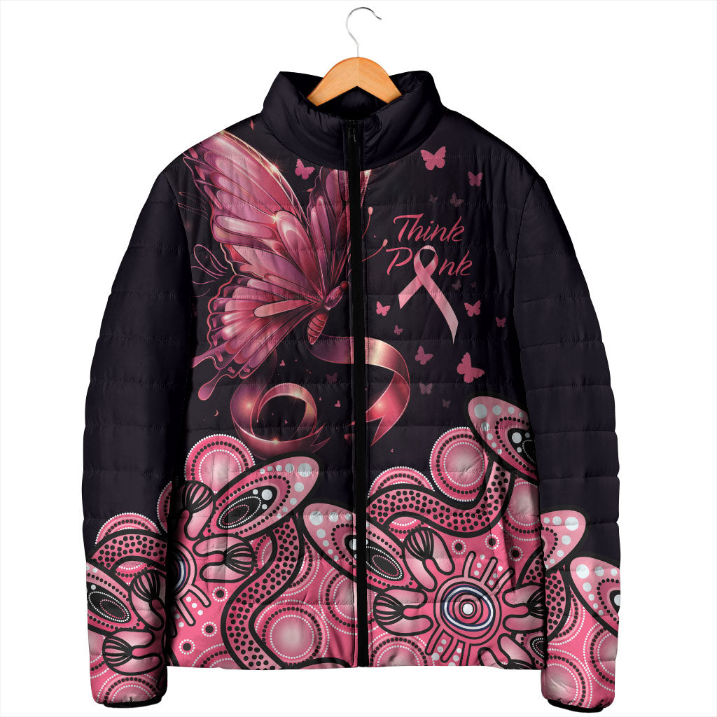 Think Pink Butterfly Ribbon Aboriginal Art Padded Jacket