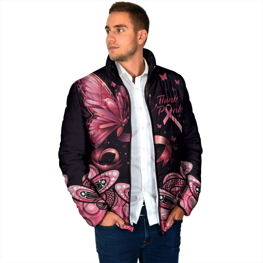 Think Pink Butterfly Ribbon Aboriginal Art Padded Jacket