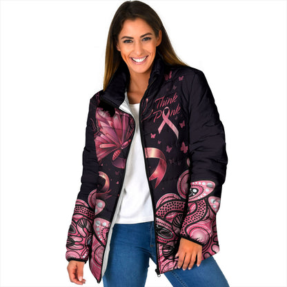 Think Pink Butterfly Ribbon Aboriginal Art Padded Jacket