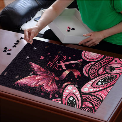 Think Pink Butterfly Ribbon Aboriginal Art Puzzle