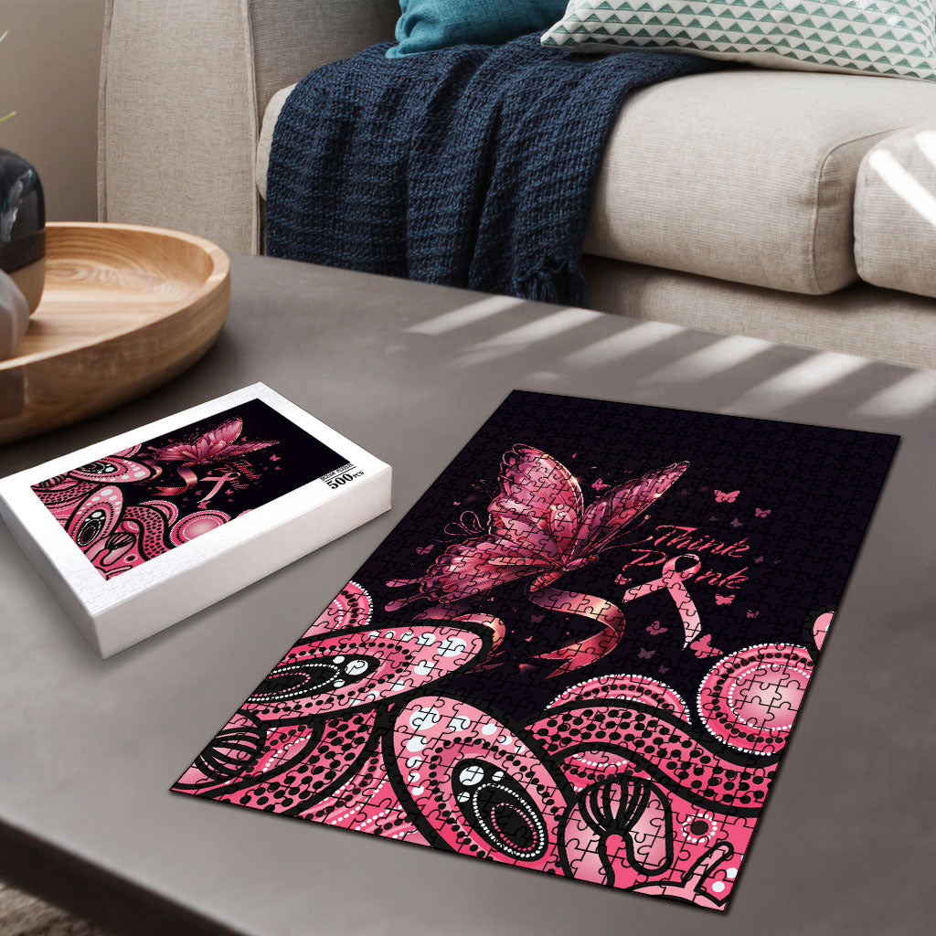Think Pink Butterfly Ribbon Aboriginal Art Puzzle