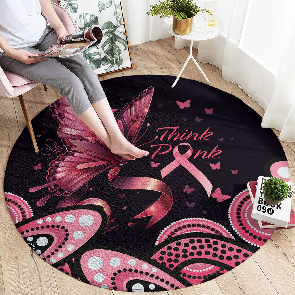 Think Pink Butterfly Ribbon Aboriginal Art Round Carpet
