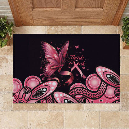 Think Pink Butterfly Ribbon Aboriginal Art Rubber Doormat