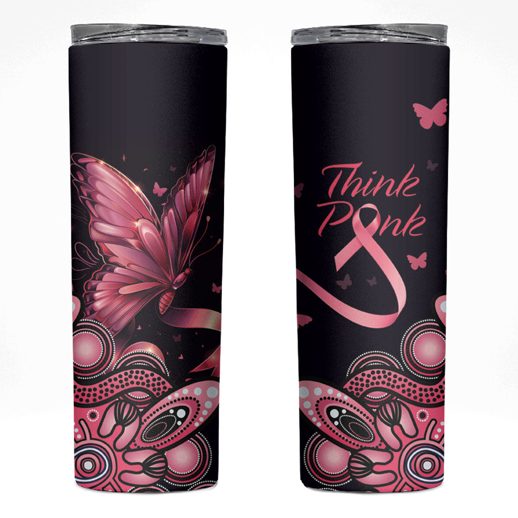 Think Pink Butterfly Ribbon Aboriginal Art Skinny Tumbler