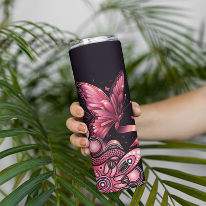 Think Pink Butterfly Ribbon Aboriginal Art Skinny Tumbler