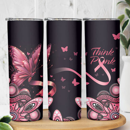 Think Pink Butterfly Ribbon Aboriginal Art Skinny Tumbler