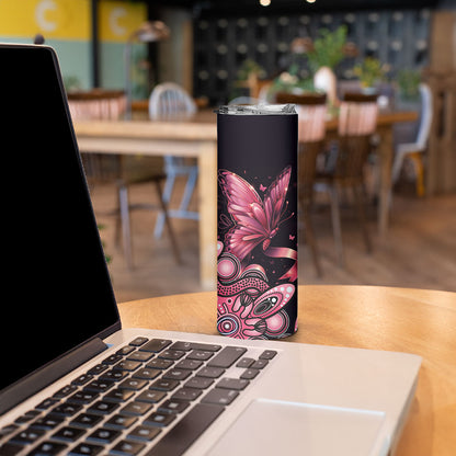 Think Pink Butterfly Ribbon Aboriginal Art Skinny Tumbler