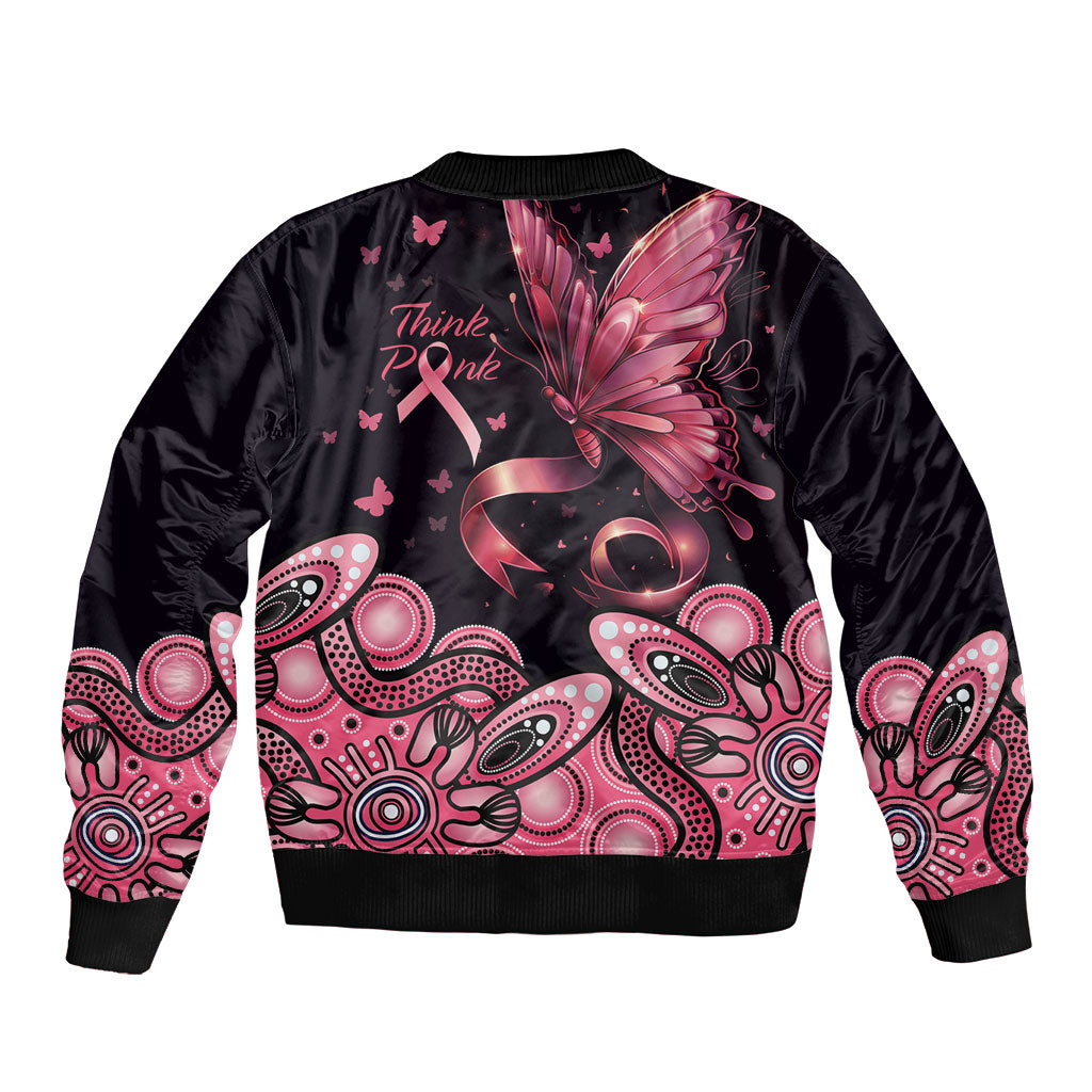 Think Pink Butterfly Ribbon Aboriginal Art Sleeve Zip Bomber Jacket