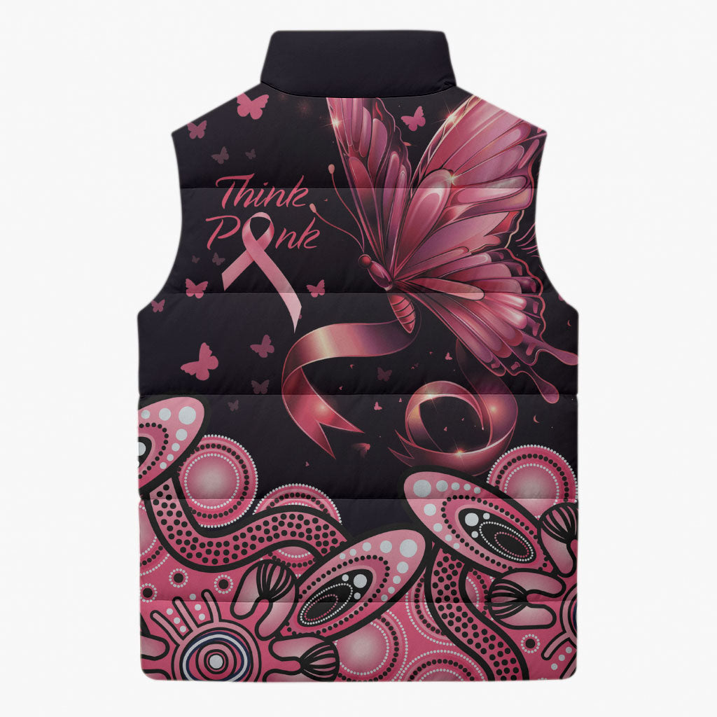 Think Pink Butterfly Ribbon Aboriginal Art Sleeveless Puffer Jacket