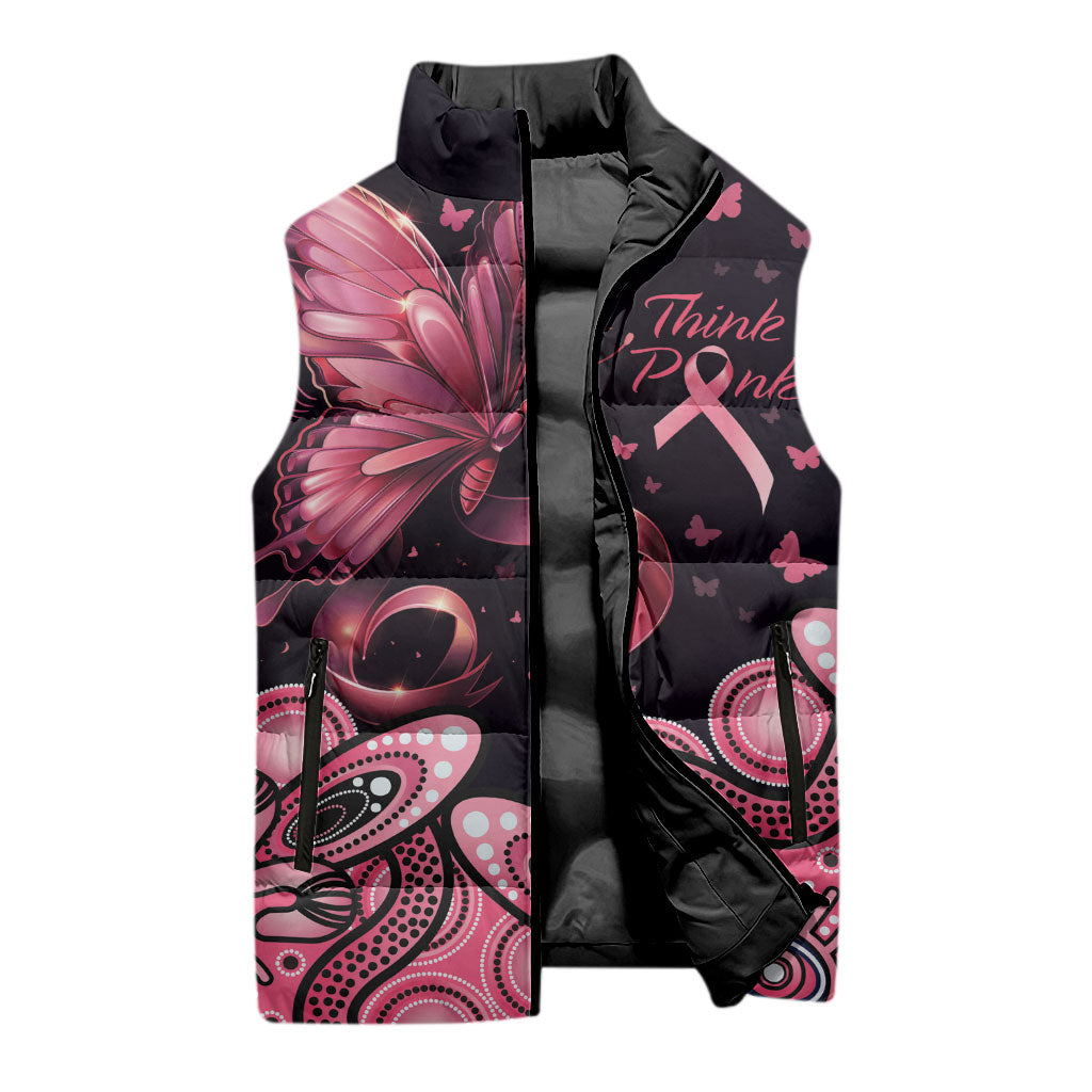 Think Pink Butterfly Ribbon Aboriginal Art Sleeveless Puffer Jacket