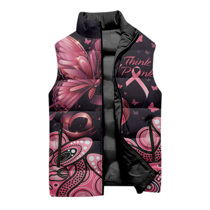 Think Pink Butterfly Ribbon Aboriginal Art Sleeveless Puffer Jacket