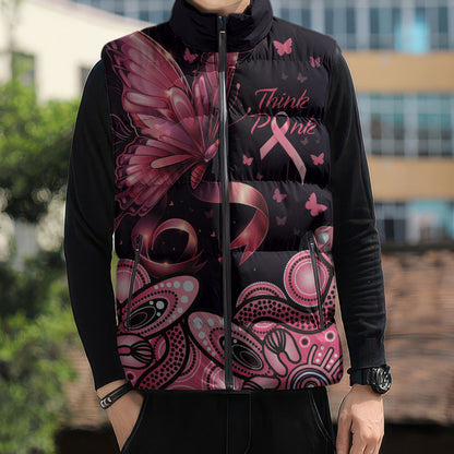 Think Pink Butterfly Ribbon Aboriginal Art Sleeveless Puffer Jacket