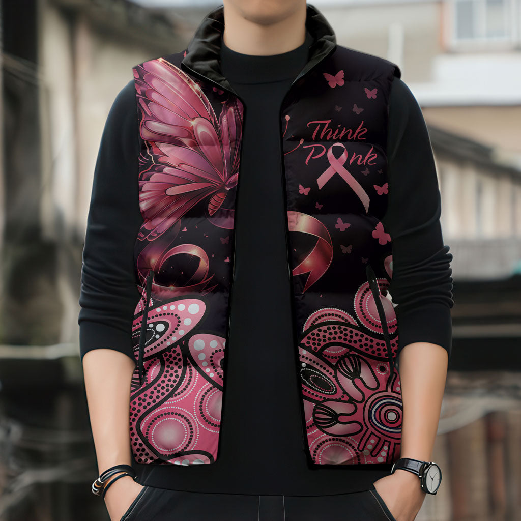Think Pink Butterfly Ribbon Aboriginal Art Sleeveless Puffer Jacket