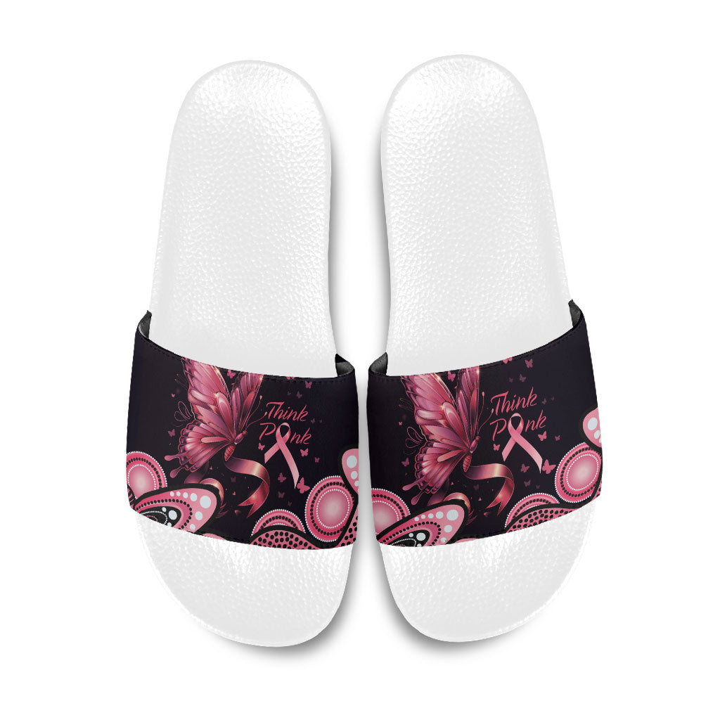 Think Pink Butterfly Ribbon Aboriginal Art Slide Sandals
