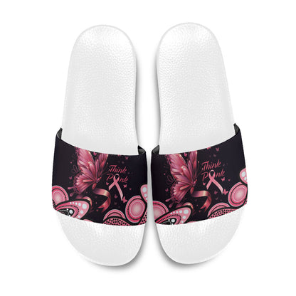 Think Pink Butterfly Ribbon Aboriginal Art Slide Sandals